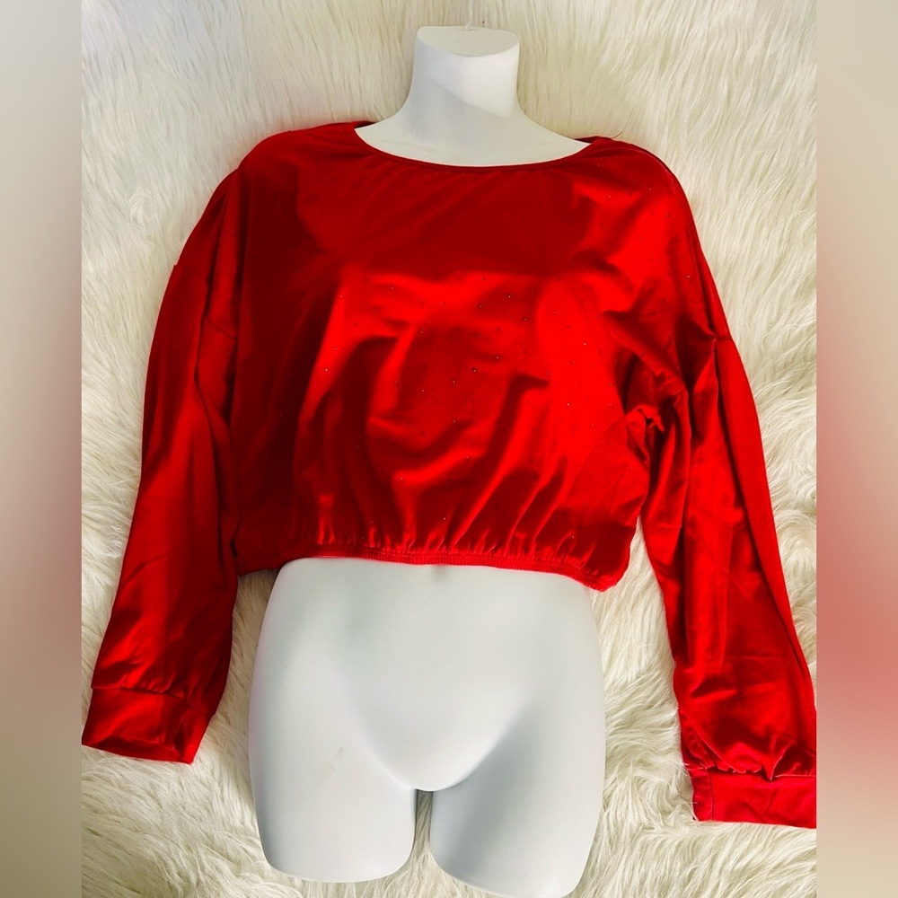 Red shine long sleeve crop top